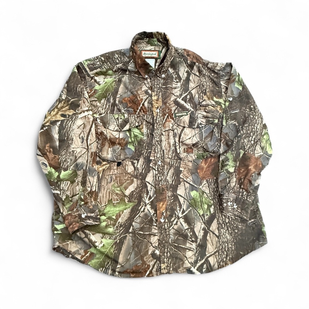 Remington Realtree Green Hardwoods Camo Hunting Shirt Mens XL Long Sleeve Nylon